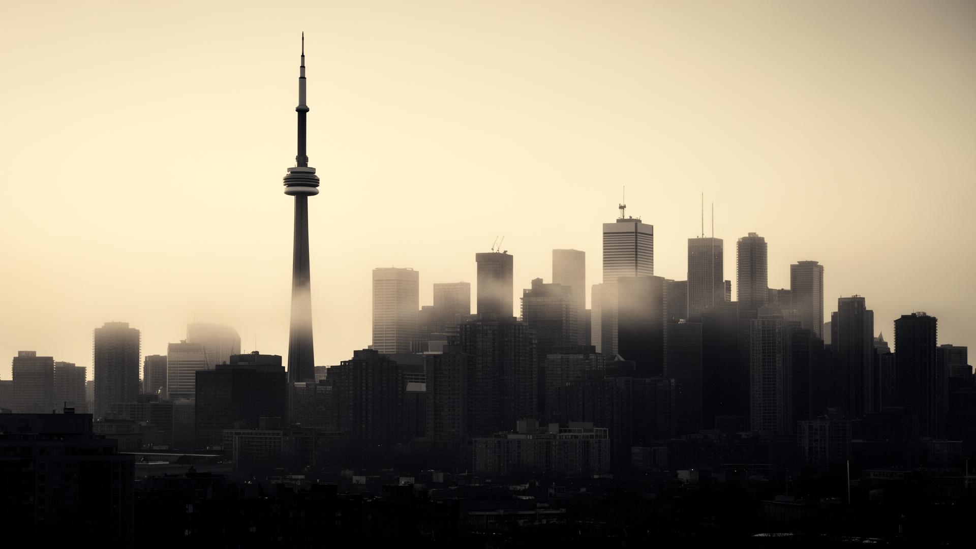 Toronto skyline at dusk with the CN Tower
